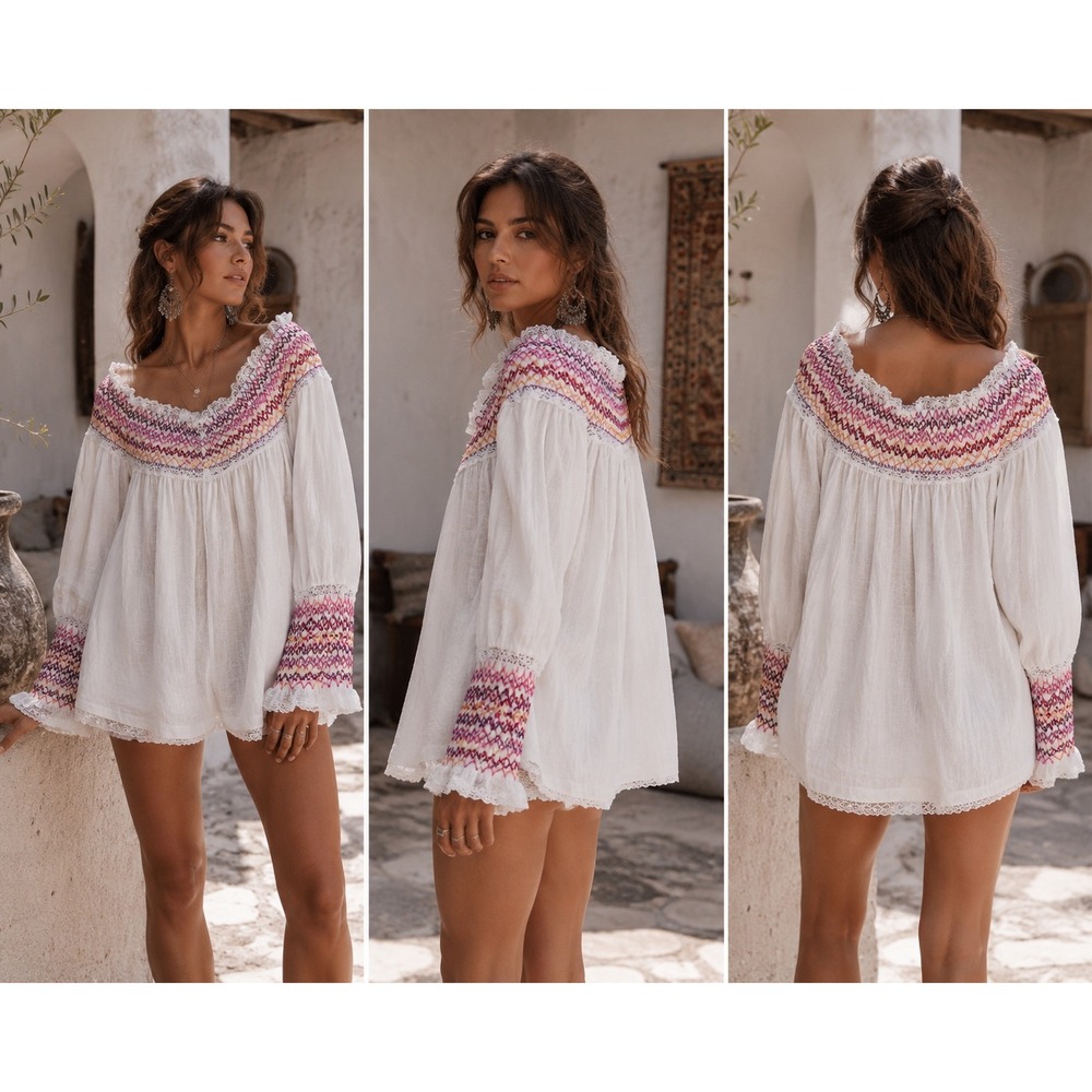 Rare Zimmermann rainbow smocked linen peasant white blouse luxe boho ibiza top